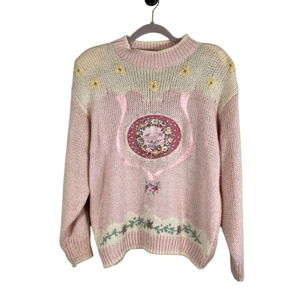 Vintage Floral Knit Sweater Pink L Cottage Grandma Coquette 80s Shabby Chic Art